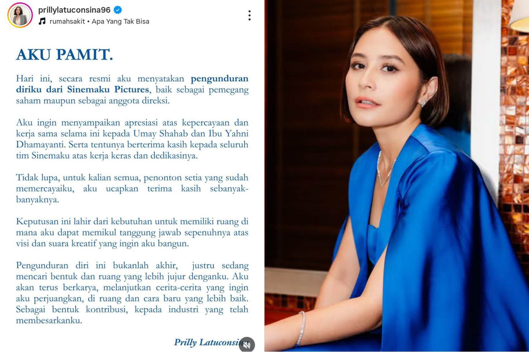 Prilly Latuconsina pamit dari Sinemaku Pictures. INSTAGRAM @prillylatuconsina96