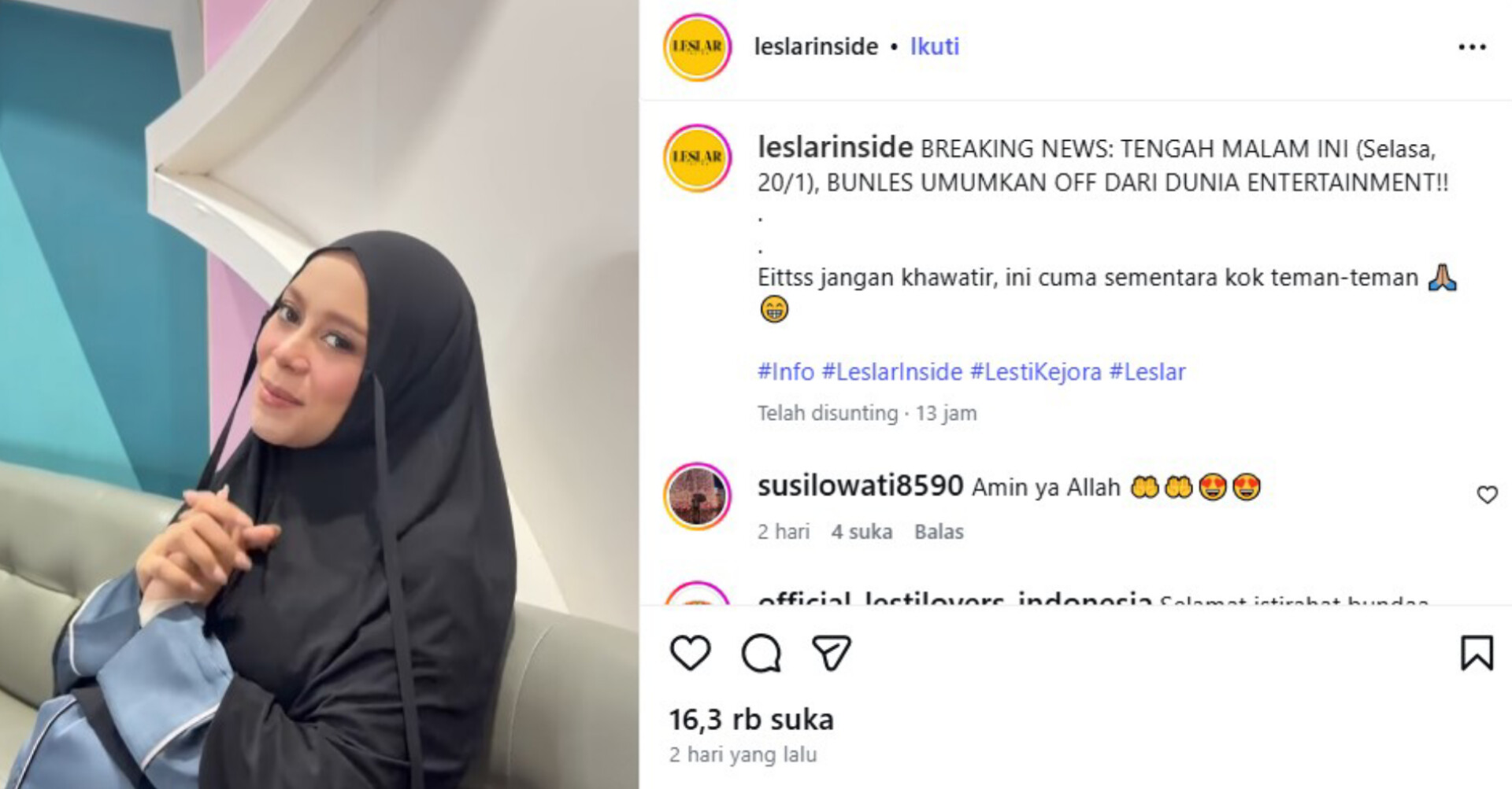 Lesti Kejora dikabarkan hiatus dari dunia entertainment.
