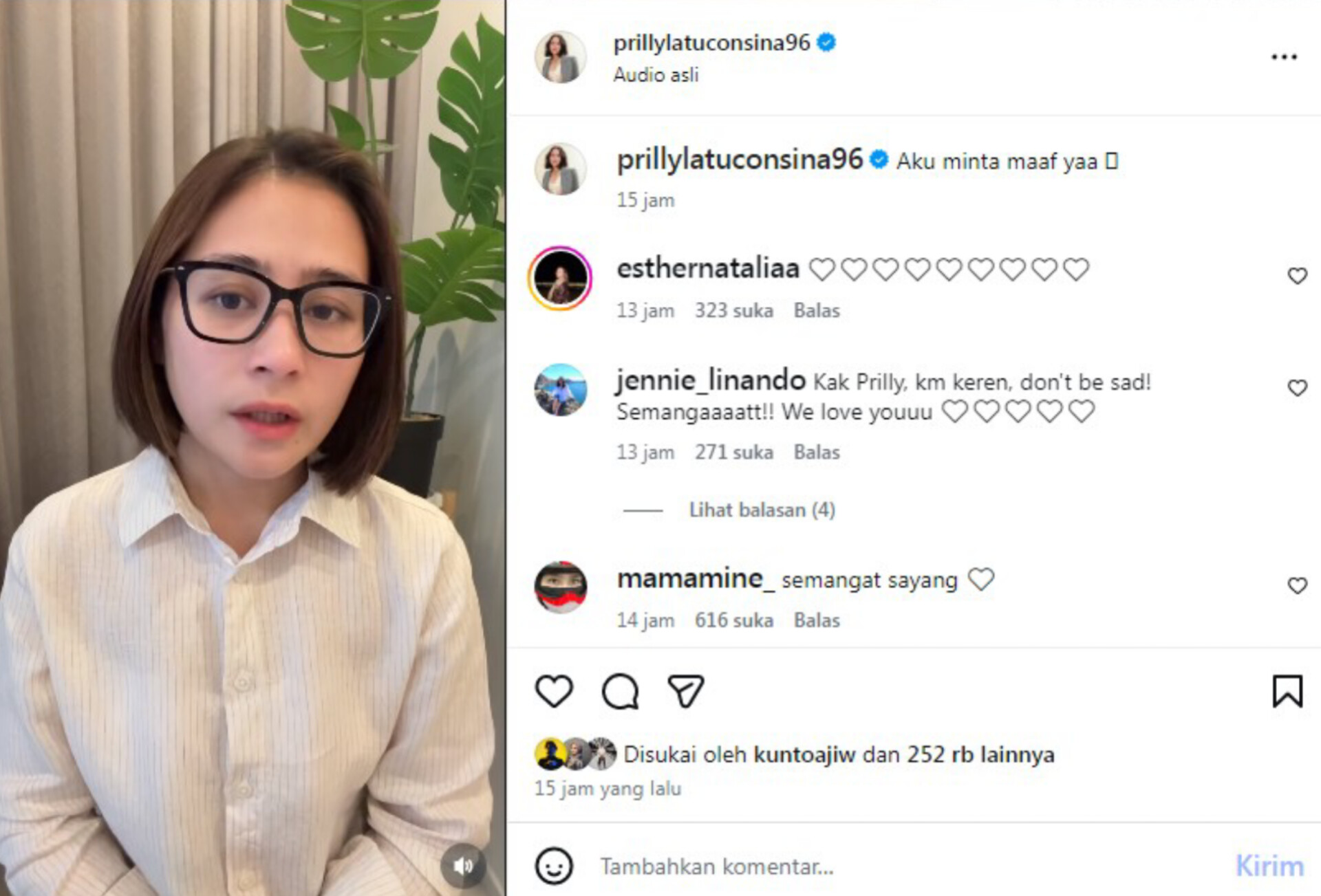 Prilly Latuconsina minta maaf. IG : @prillylatuconsina96