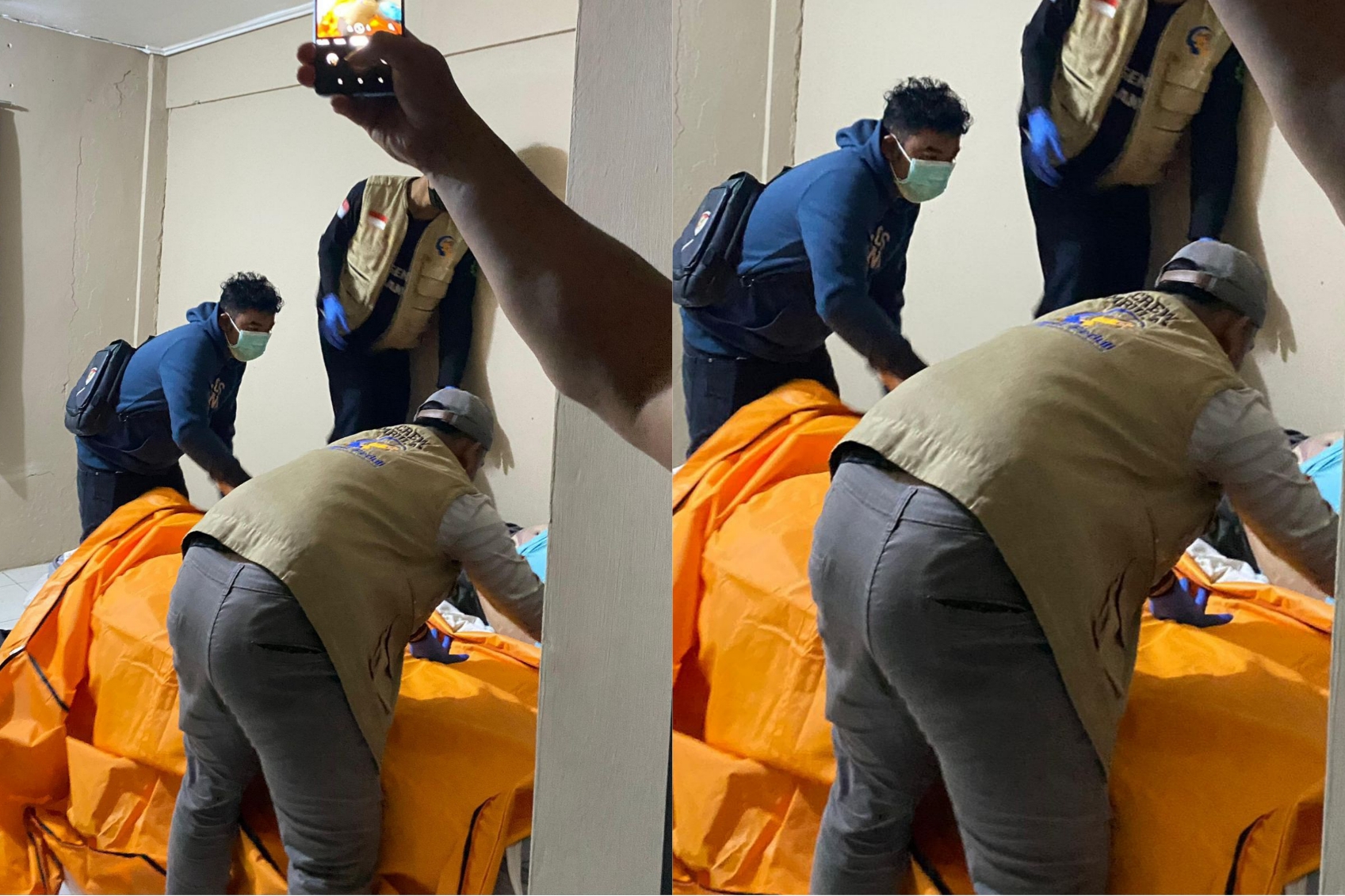 Polisi evakuasi jenazah di mess Sampit.HUMAS