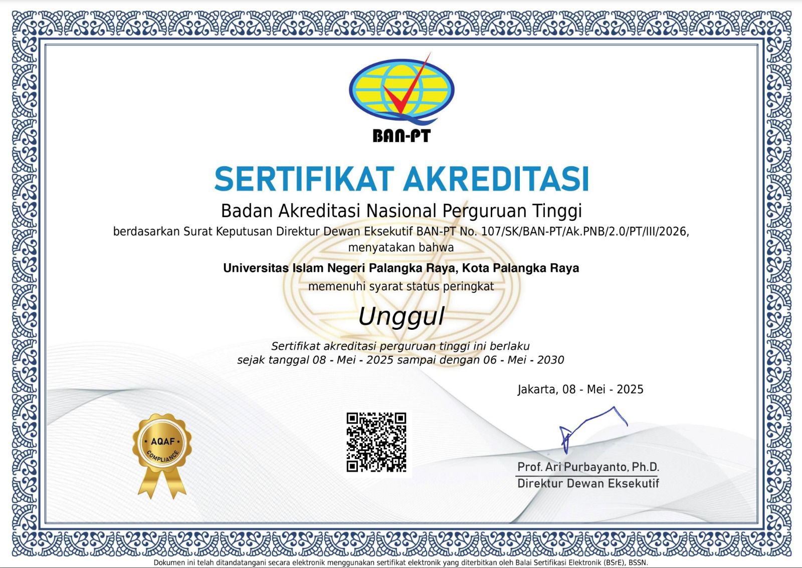 Status akreditasi UIN Palangka Raya.