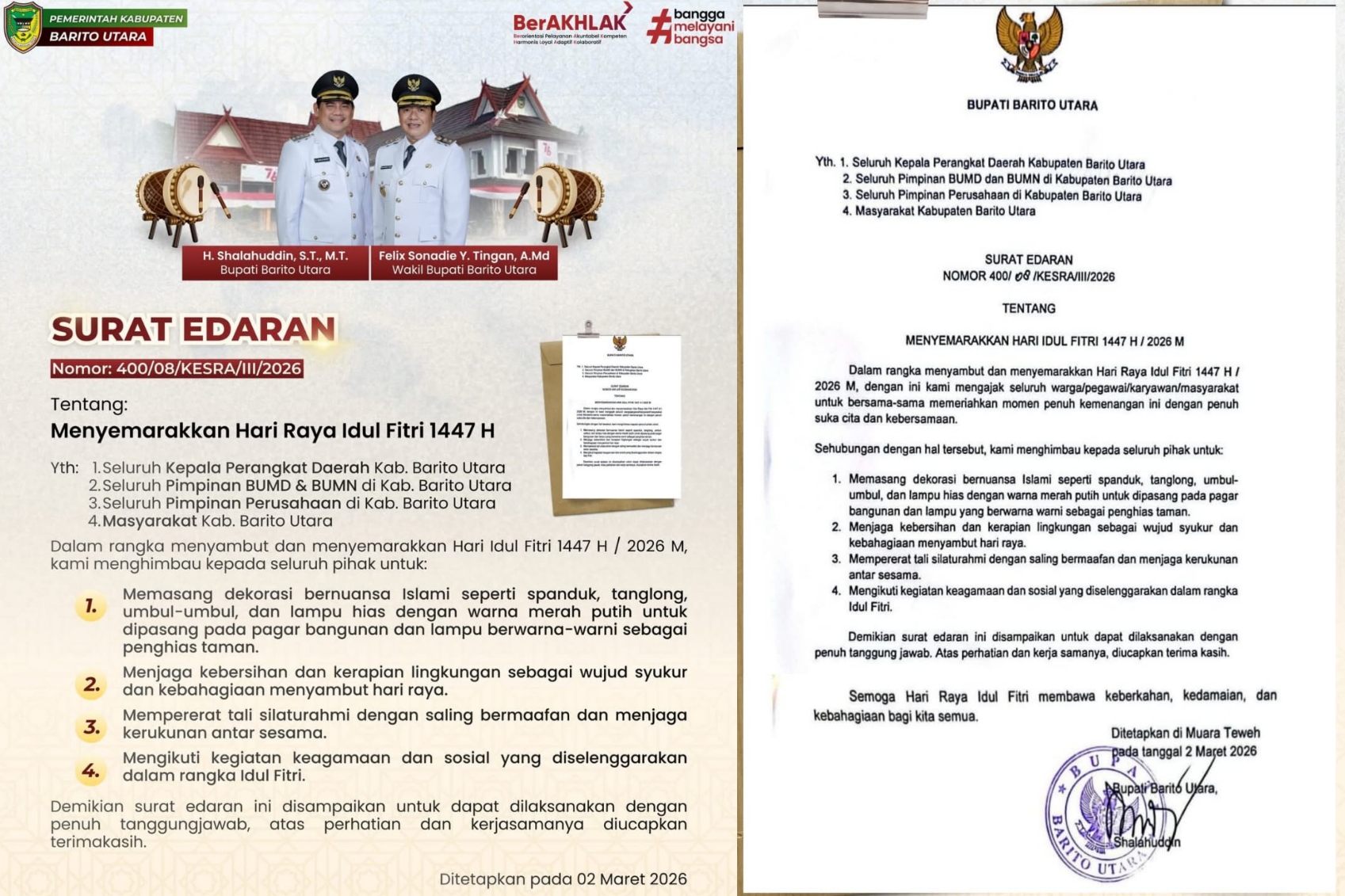 Isi surat edaran terkait Hari Raya Idul Fitri 1447 H untuk masyarakat Barito Utara.