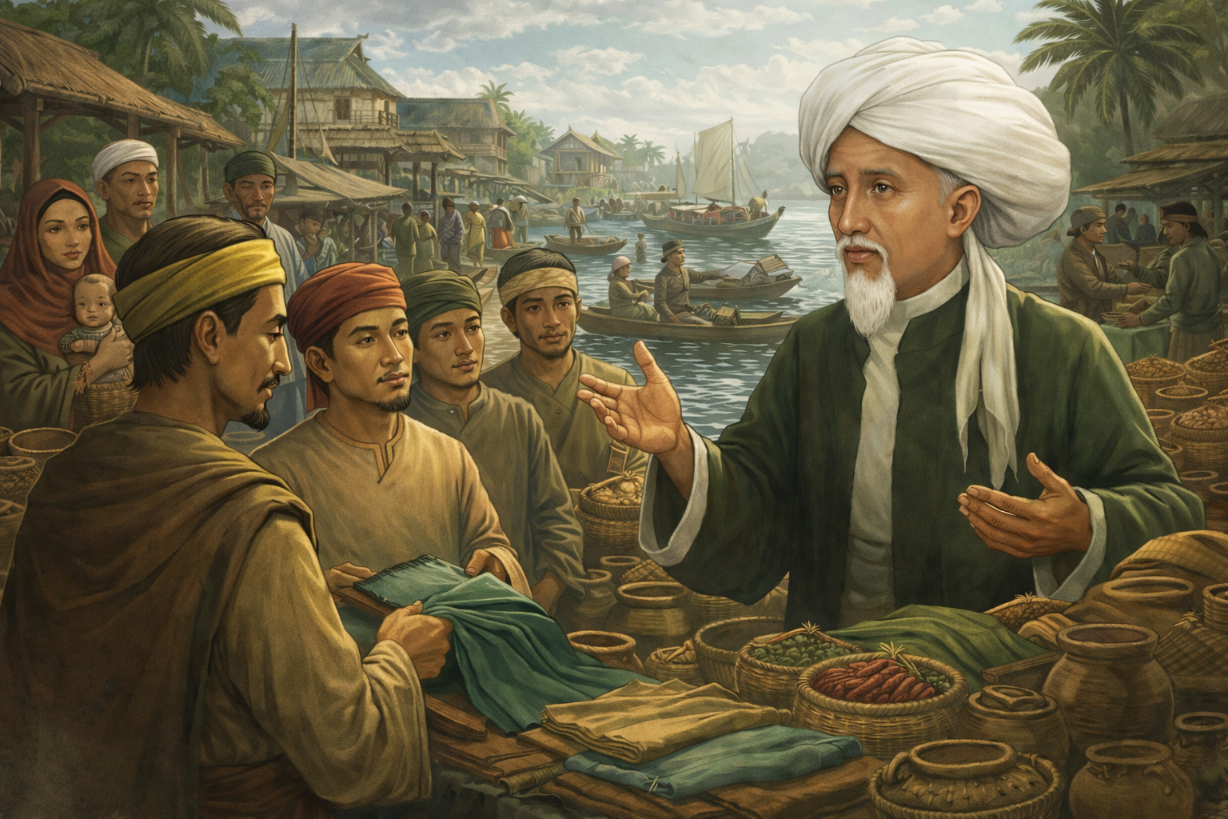 Ilustrasi penyebaran Islam di Kalimantan melalui jalur perdagangan.