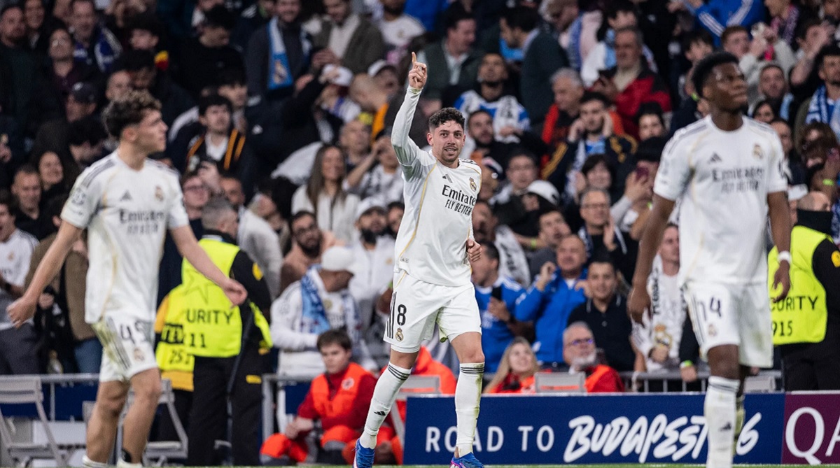 Valverde berselebrasi usai mencetak gol pertama Real Madrid kontra Manchester City, Kamis (12/3/2026) dini hari WIB. (Sumber: Ricardo Nogueira/Sports Press Photo/Getty Images)