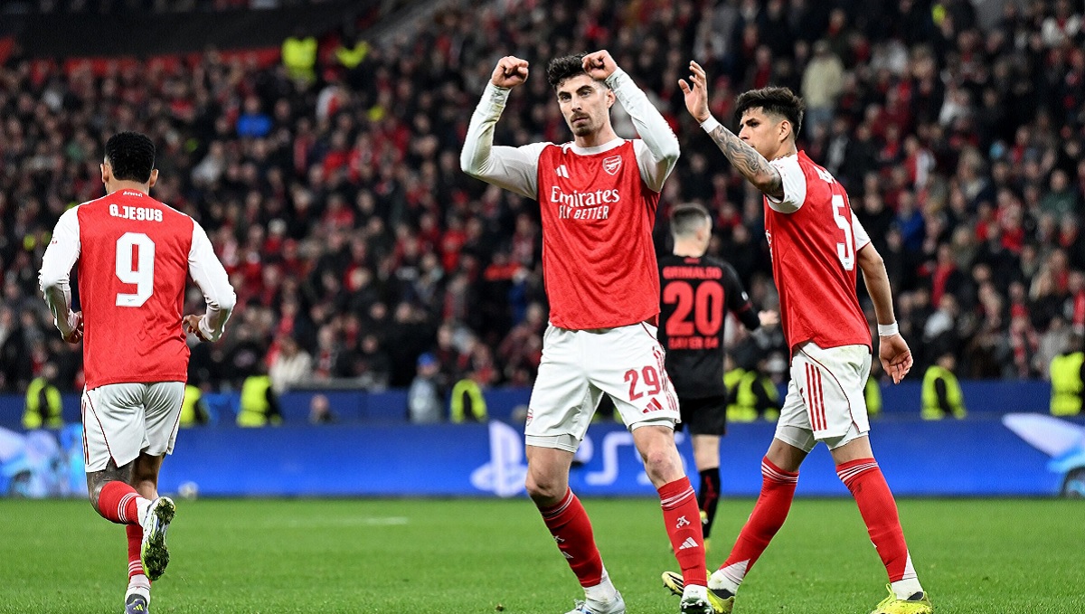Kai Havertz berselebrasi usai mencetak gol penalti ke gawang Bayer Leverkusen pada leg pertama babak 16 Besar UCL 2025/2026, Kamis (12/3/2026) dini hari WIB. (Sumber: PHOTO/ARSENAL FC)
