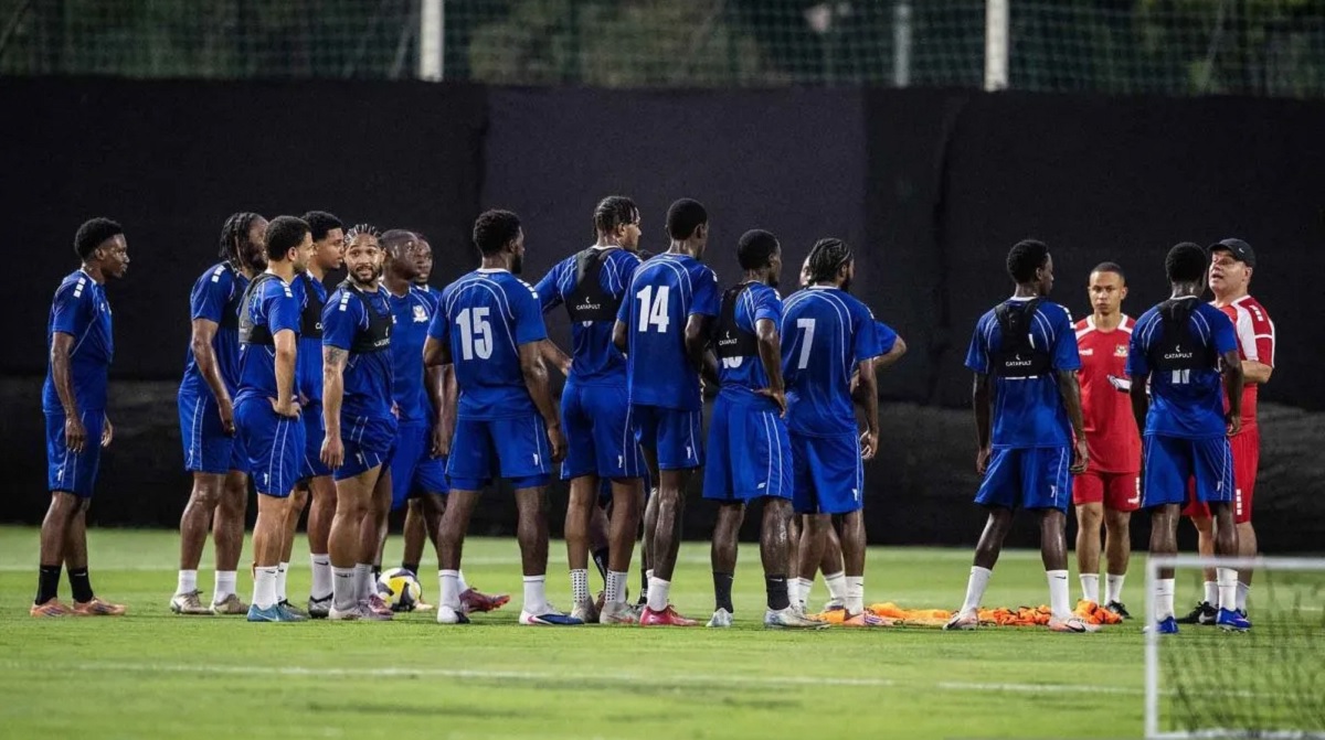 Latihan Timnas St Kitts and Nevis di Lapangan A, Kompleks GBK, Senayan, Jakarta, Selasa (24/3/2026), sebelum laga menghadapi Timnas Indonesia. (Sumber: ANTARA FOTO/Bayu Pratama S./nym.)