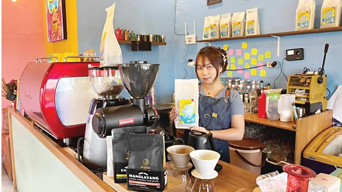Barista Clau saat memegang biji kopi Liberica di Kone Coffe, di Jalan Seth Adji. RIFQI/KALTENG POS