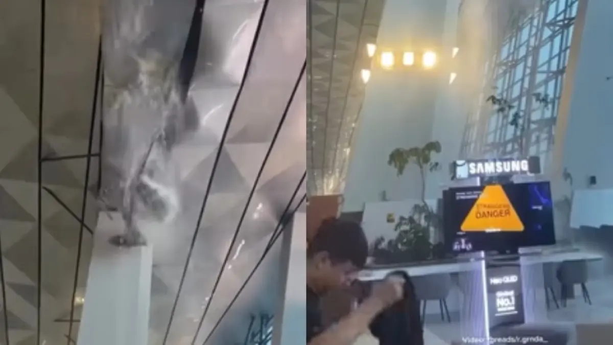 Menyoroti insiden atap bandara Soekarno-Hatta di Kota Tangerang yang jebol imbas hujan deras, pada Senin, 6 April 2026. (Instagram.com/@jakarta.terkini)