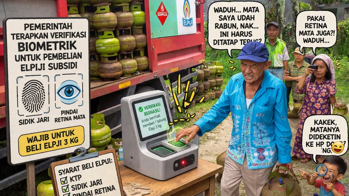 Ilustrasi pembelian elpiji subsidi verifikasi sidik jari dan pemindaian retina mata.AI
