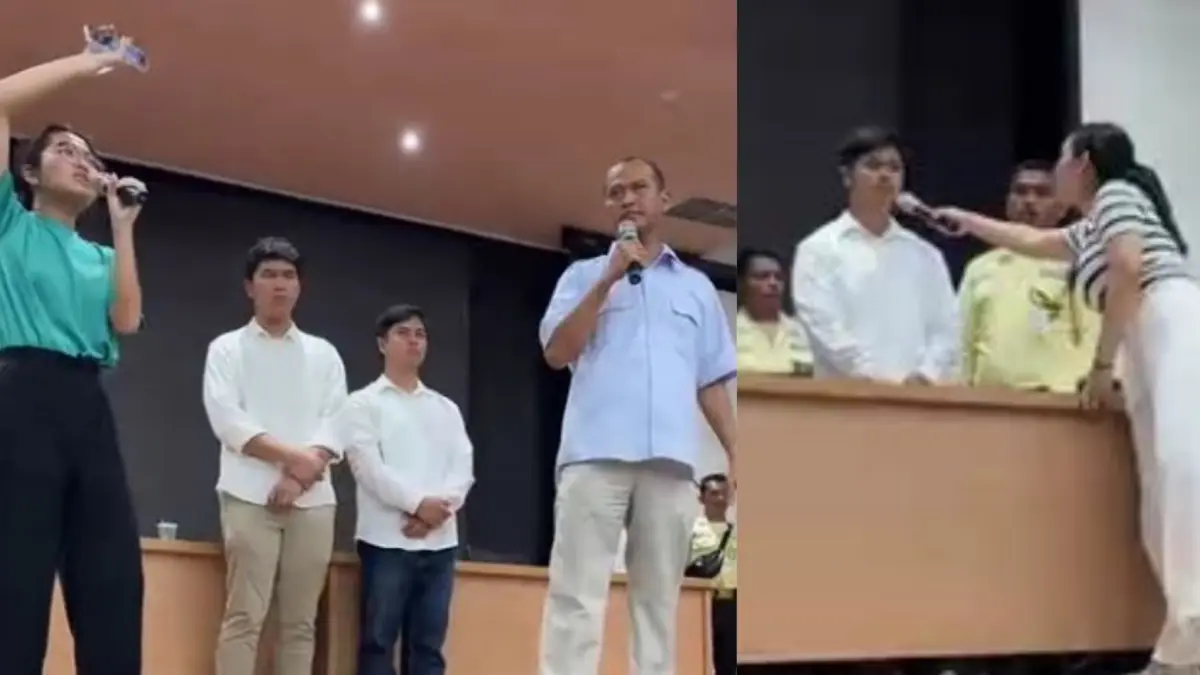 Dua mahasiswa pelaku KS (tengah-baju putih) saat live press di Auditorium FH UI.