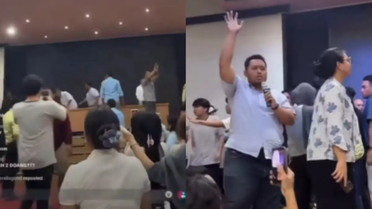 i persidangan kasus dugaan pelecehan oleh 16 mahasiswa di Fakultas Hukum Universitas Indonesia (FH UI) yang berujung ricuh.Instagram/@depok24jam