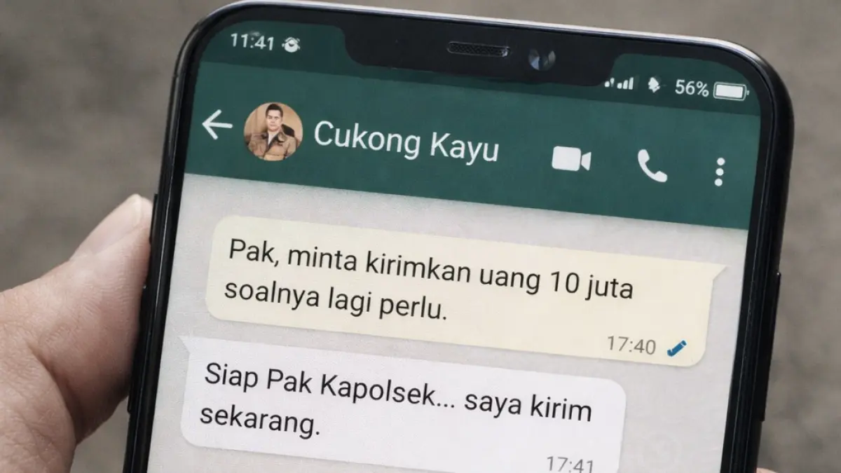 Ilustrasi AI, chat iuran kapolsek dengan cukong kayu.