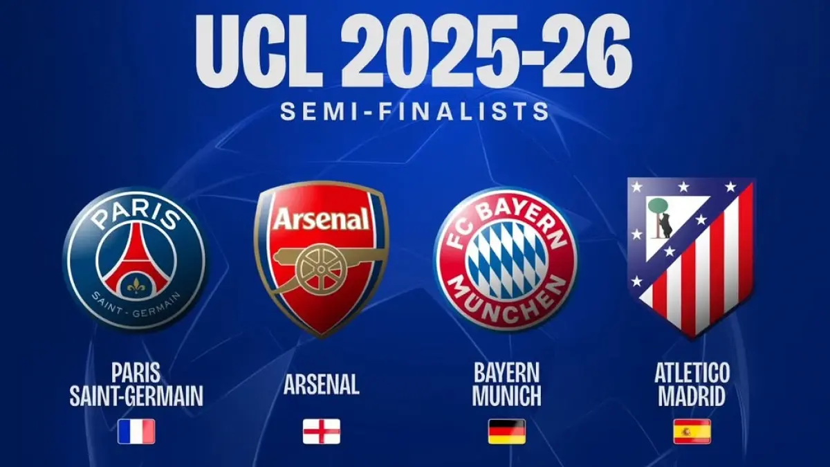 Empat tim memastikan tempat di babak semifinal Liga Champions UEFA 2025/2026 usai mengalahkan lawan masing-masing di babak perempat final. Prancis, Spanyol, Jerman, dan Inggris mengirimkan satu wakil mereka. (Sumber: Instagram @sportsgully)
