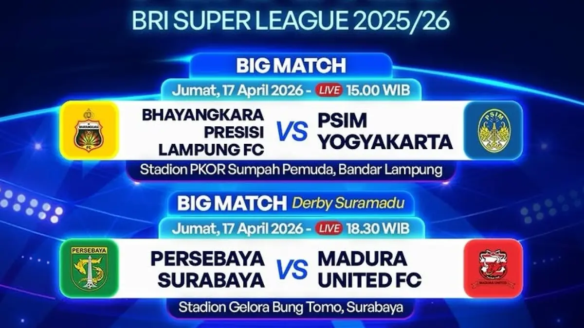 Pekan ke-28 kompetisi BRI Super League 2025/2026 akan dibuka dengan dua pertandingan menarik yang digelar hari ini, Jumat (17 April 2026). Pecinta bola akan disuguhkan dengan laga seru Bhayangkara vs PSIM, serta partai Persebaya vs Madura United dalam duel panas Derbi Jatim. (Sumber: Instagram @liga1match)  