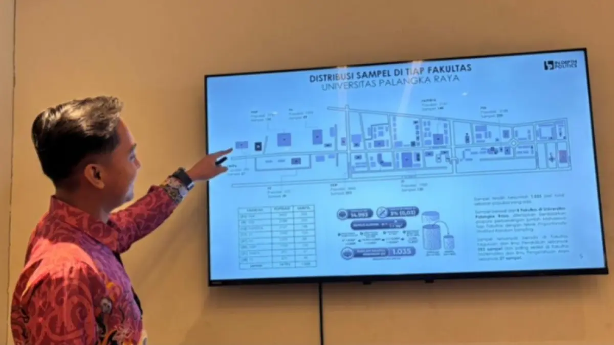 Ketua Tim Survei, Roby Kristyanto menjelaskan grafis data terkait survei figur rektor UPR. Rifqi/Kalteng Pos