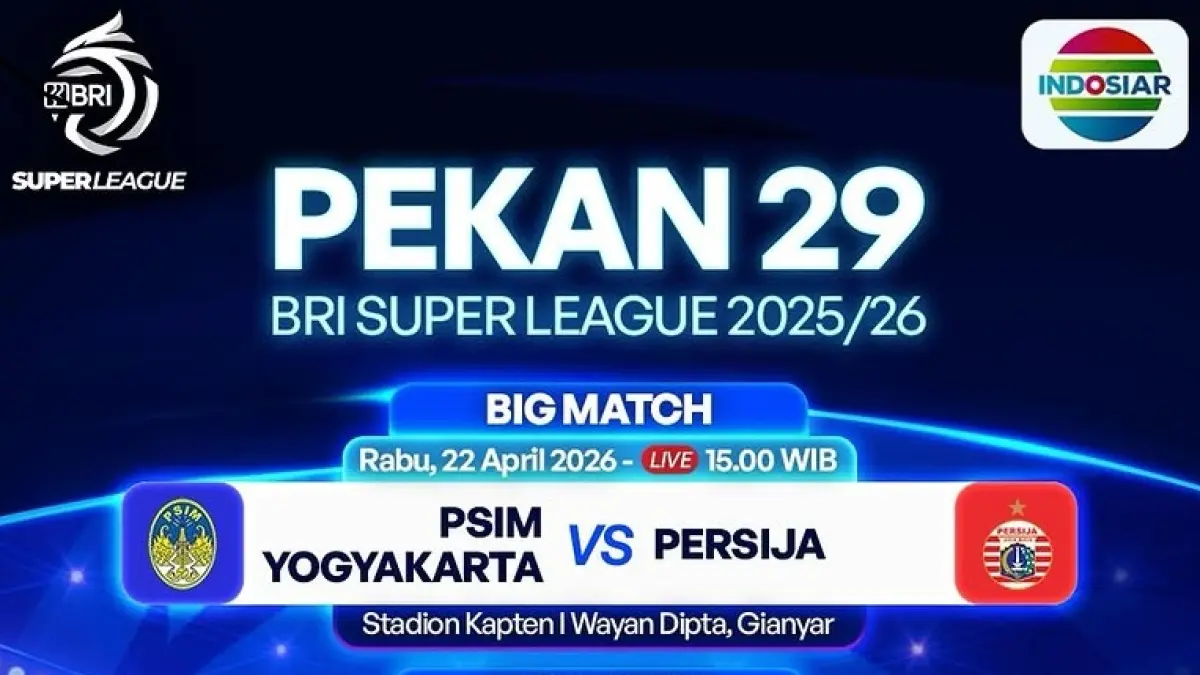 PSIM Yogyakarta akan mendapat tantangan berat saat menjamu Persija Jakarta di Stadion Kapten I Wayan Dipta dalam laga lanjutan BRI Super League 2025-2026, Rabu (22/4/2026) sore WIB. (Sumber: Instagram @sports.indosiar)