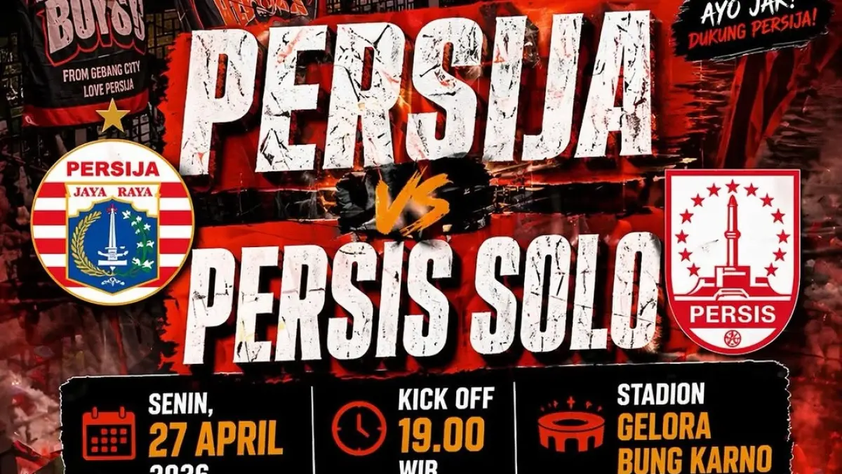 Persija Jakarta akan ditantang Persis Solo di Stadion Gelora Bung Karno, Senayan dalam laga pekan ke-30 BRI Super League 2025-2026, Senin (27/4/2026) malam WIB. (Sumber: Instagram@jakmaniacirebon_barat)