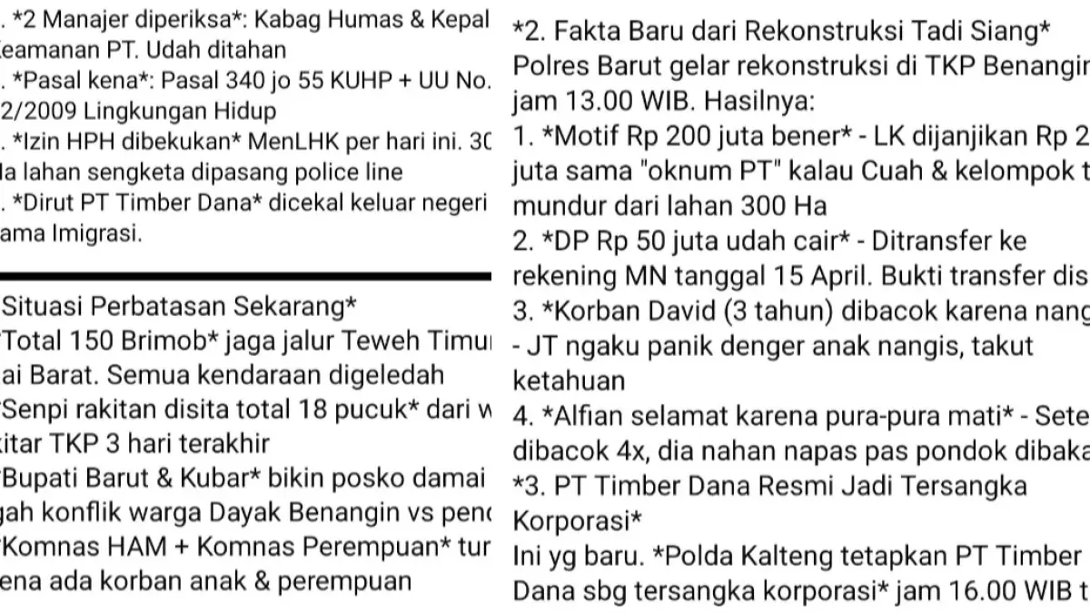 Informasi menyesatkan terkait pembunuhan di perbatasan Kalteng Kaltim.Facebook/Harapan Kalteng