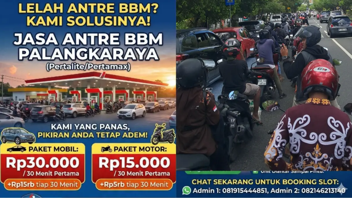 JASA ANTRE: Jasa antre BBM sedang mengantre bersama pengendara lainnya.