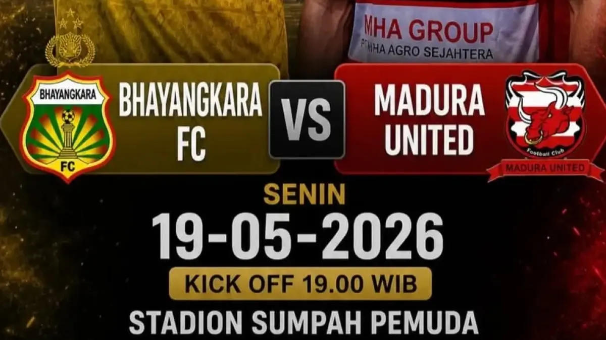 Bhayangkara FC bersiap menghadapi Madura United di Stadion PKOR Sumpah Pemuda pada pekan ke-32 BRI Super League 2025-2026, Senin (11/5/2026) malam WIB. (Sumber: Instagram @bocahbolacom)