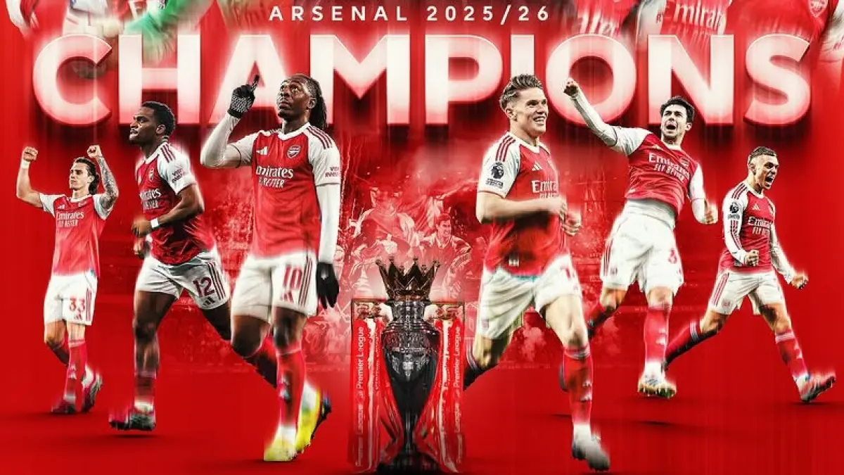 Arsenal mengunci gelar kampiun Liga Primer Inggris musim 2025-2026 menyusul hasil imbang yang didapatkan pesaing terdekat mereka Manchester City saat bertandang ke markas AFC Bournemouth, Rabu (20/5/2026) dini hari WIB. Dengan demikian, The Gunners sukses menambah koleksi menjadi 14 gelar liga. (Sumber: Instagram @premierleague)