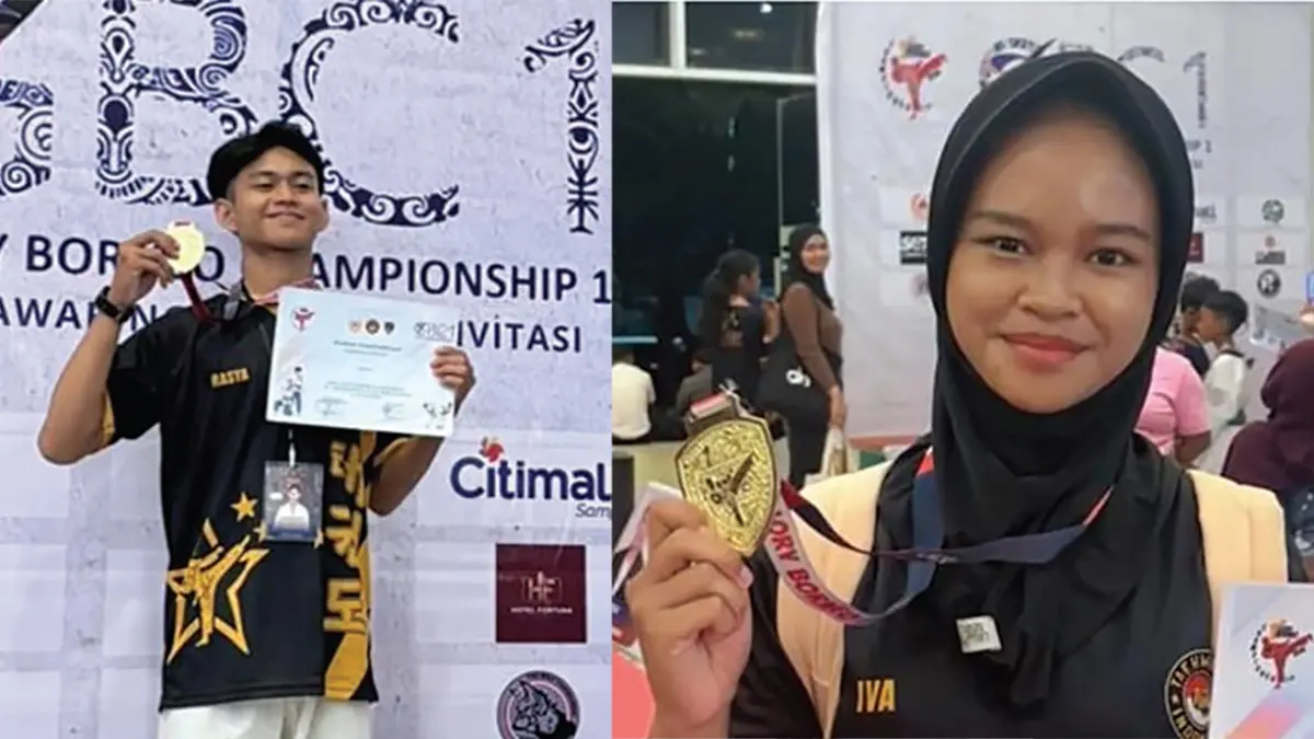 Muhammad Rasya dan Iva Cheila saat memamerkan medali yang diraihnya pada ajang bergengsi Glory Borneo Championship 1.Humas