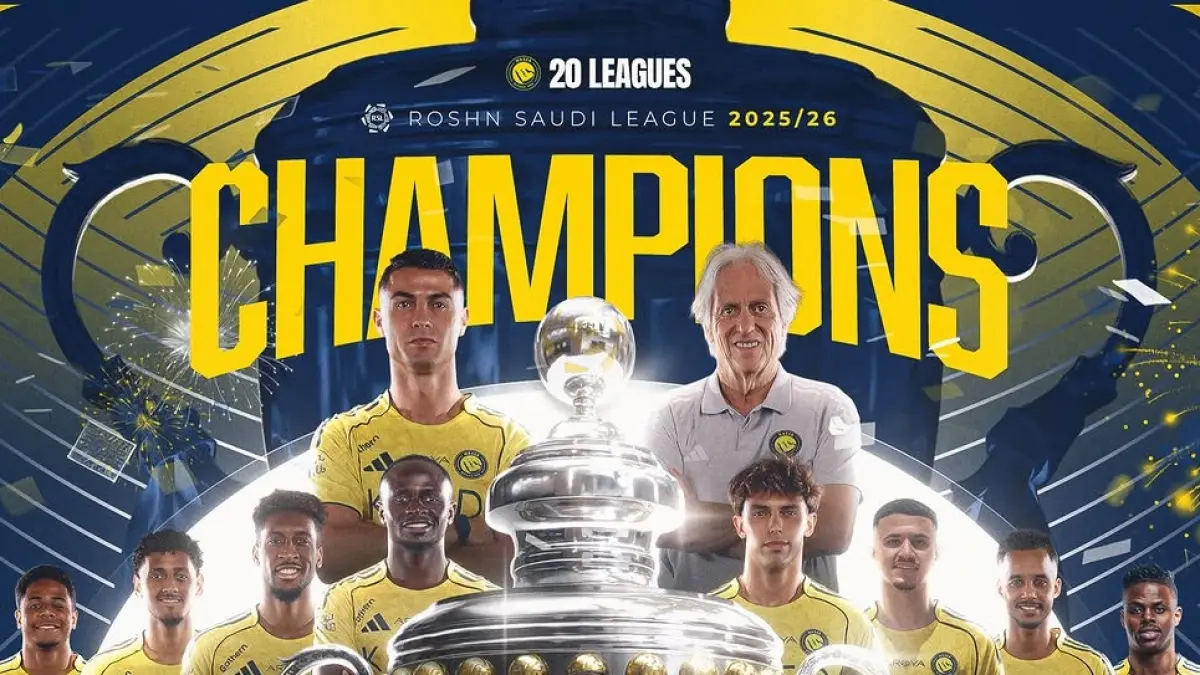 Al Nassr sukses menaklukkan Damac FC 4-1 di Al Awwl Park, Jumat (22/5/2026) dini hari WIB, sekaligus menjadi kampiun Liga Pro Arab Saudi 2025/2026 dengan mengumpulkan 86 poin. (Sumber: Instagram @alnassr)