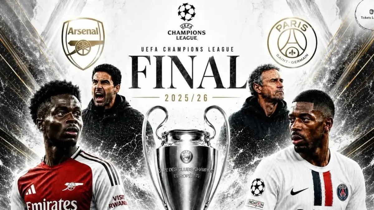 Arsenal akan menantang sang juara bertahan PSG pada final Liga Champions 2025-2026 yang digelar di Puskas Arena, Budapest, Hungaria, Sabtu (30/5/2026) malam WIB. (Sumber: Instagram @ticketsxlondon)