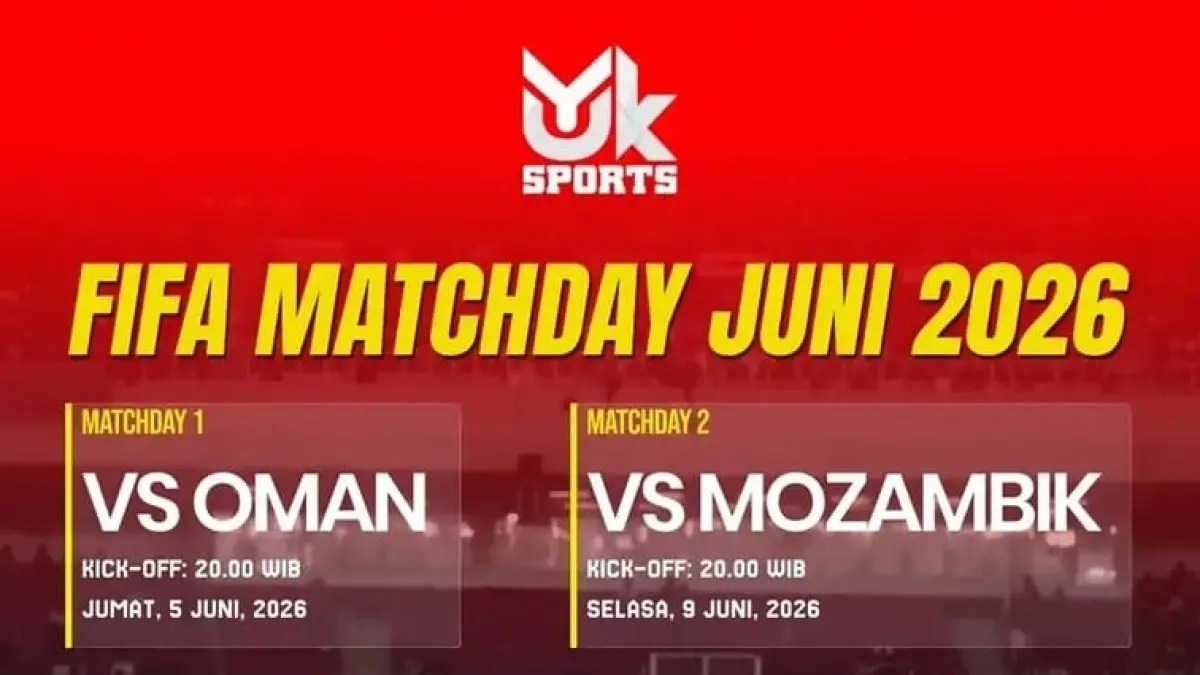 Timnas Indonesia senior dijadwalkan akan menghadapi Timnas Oman dan Mozambik pada agenda FIFA Matchday bulan Juni 2026. Pertandingan versus Oman akan digelar 5 Juni 2026, dilanjutkan laga kontra Mozambik pada 9 Juni 2026. (Sumber: Instagram @yuksports_)