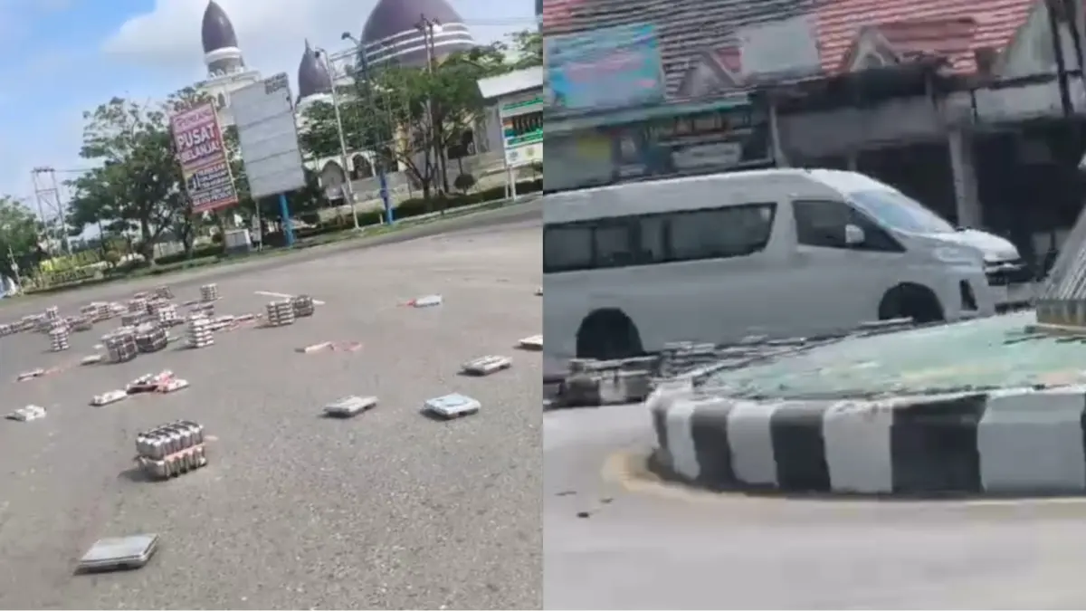 Ompreng MBG berserakan di jalan.(Screen shoot video)