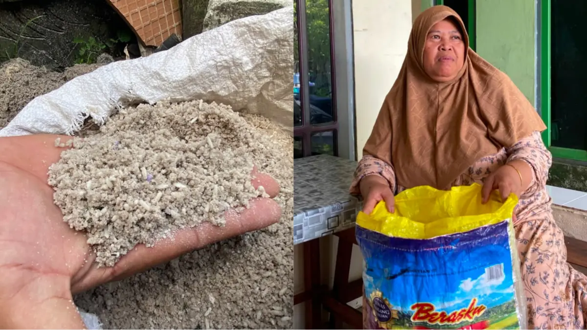 Jamilah korban peniupuan beras murah dan barang bukti pasir. Miftah/kaltengpos.jawapos.com