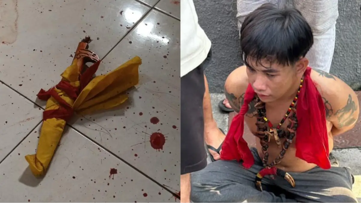 Pelaku dan Mandau yang digunakan menganiaya ibu dan anak di G Obos VI. Warga