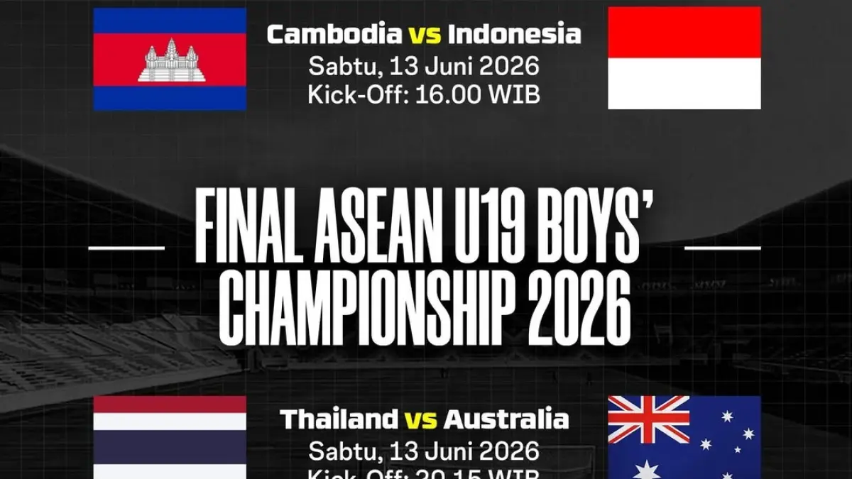 Final Piala AFF U-19 2026 mempertemukan dua tim terbaik, Thailand vs Australia, dalam laga puncak yang akan berlangsung di Stadion Utama Sumatra Utara, Sabtu (13/6/2026) malam WIB. Pertandingan ini akan disiarkan langsung di kanal televisi swasta nasional. (Sumber: Instagram @jmtv_id)