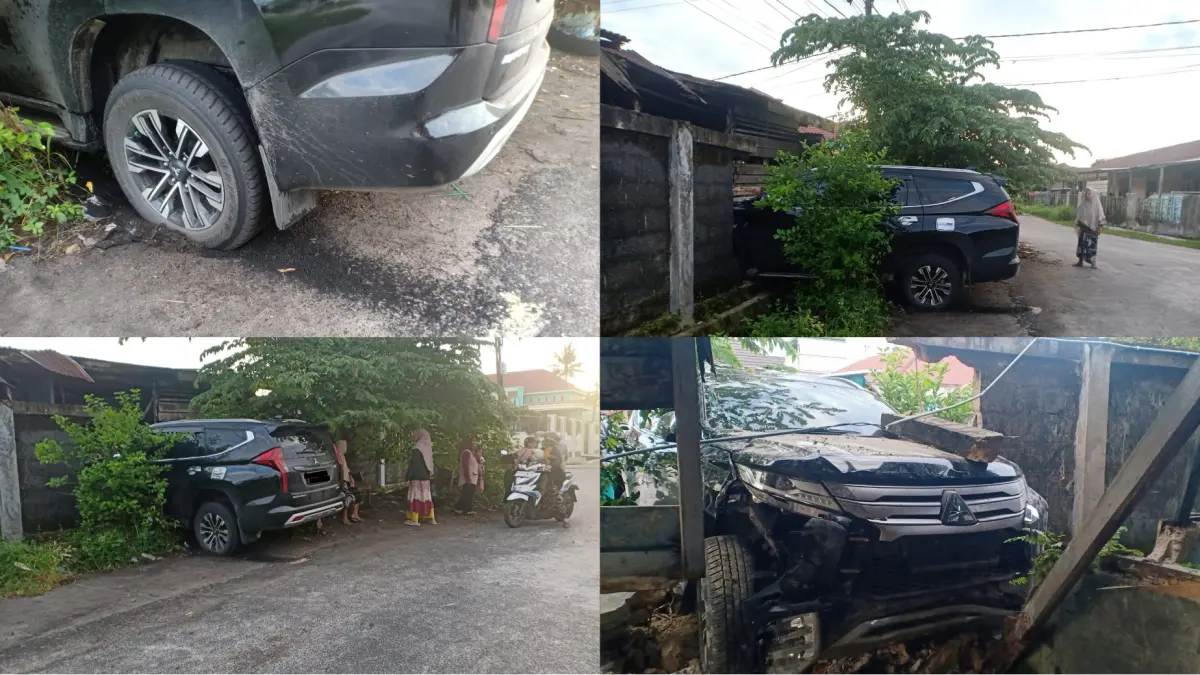 Mobil Mitsubishi Pajero menabrak tembok pagar rumah di Jalan Meranti, Palangka Raya, Ahad (14/6/2026) dinihari. &nbsp;