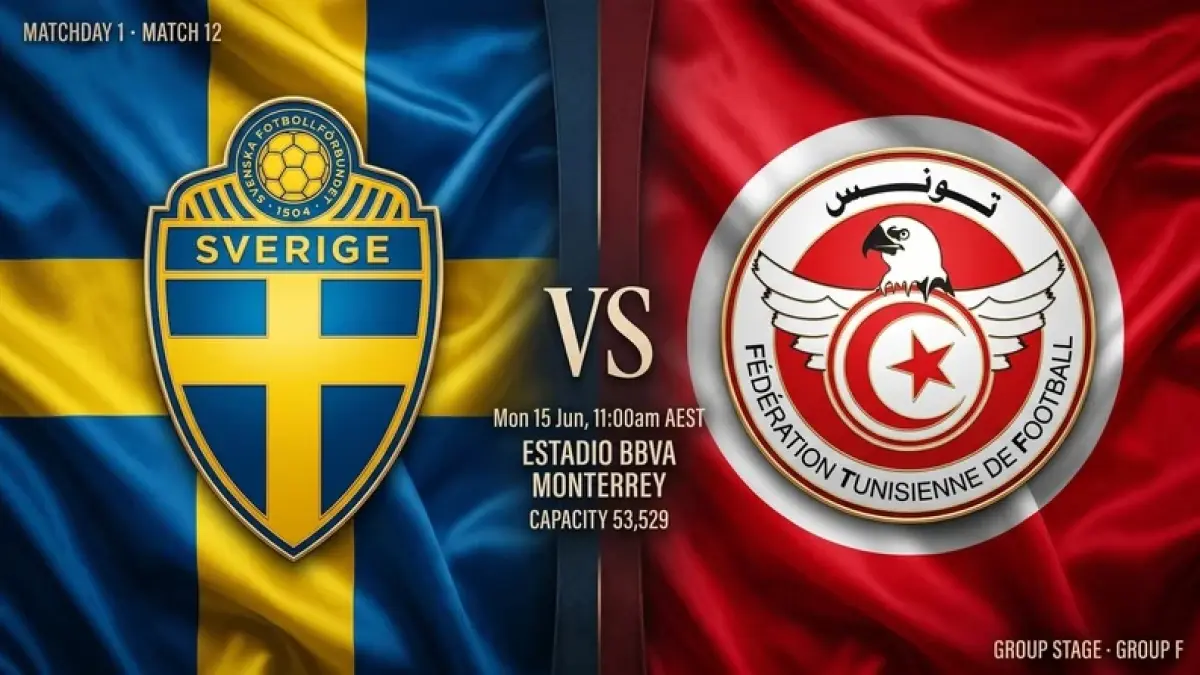 Timnas Swedia akan menghadapi Tunisia pada matchday pertama penyisihan Grup F Piala Dunia 2026 di Estadio BBVA, Guadalupe, Senin (15/6/2026) pagi WIB. (Sumber: australiafootball.com)