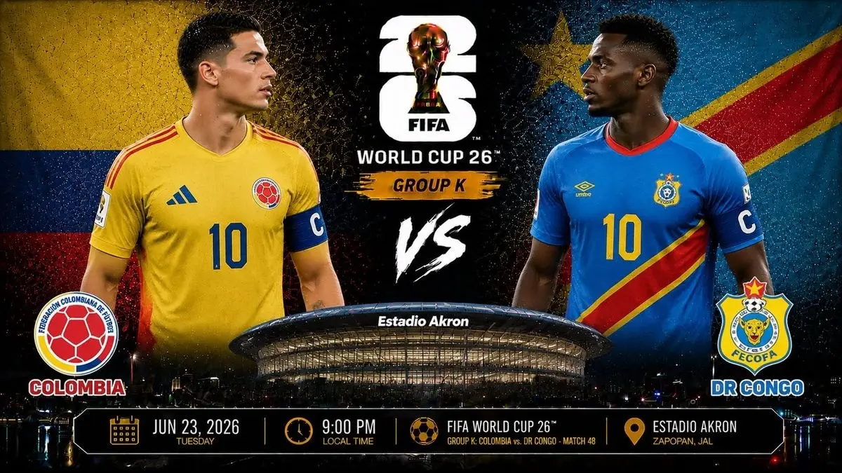 Timnas Kolombia dijadwalkan menghadapi RD Kongo di Estadio Akron, Zapopan pada matchday kedua penyisihan Grup K Piala Dunia FIFA 2026, Rabu (24/6/2026) pagi WIB. (Sumber: allevents.in)
