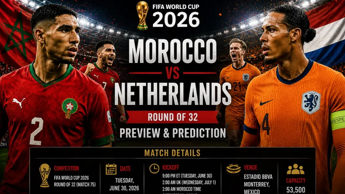 Timnas Belanda dan Maroko akan saling menjegal di Estadio BBVA, Monterrey memperebutkan tiket babak 16 Besar Piala Dunia FIFA 2026, Selasa (30/6/2026) pagi WIB. (Sumber: livesportfootball.com)