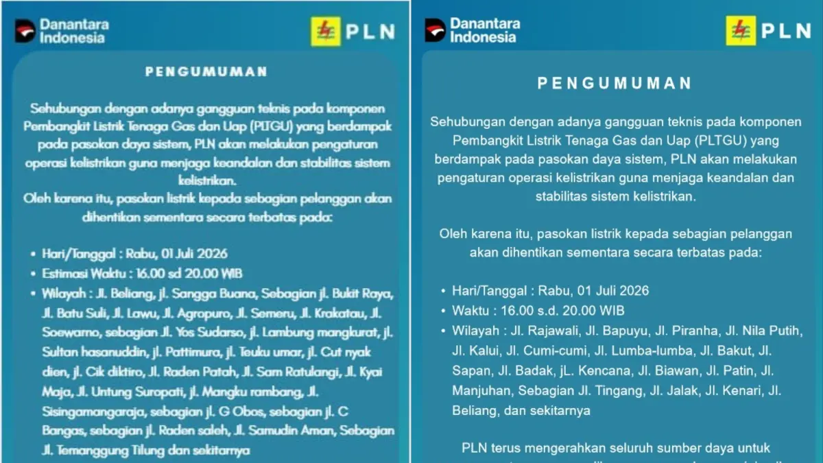 Jadwal pemadaman listrik di Palangka Raya.