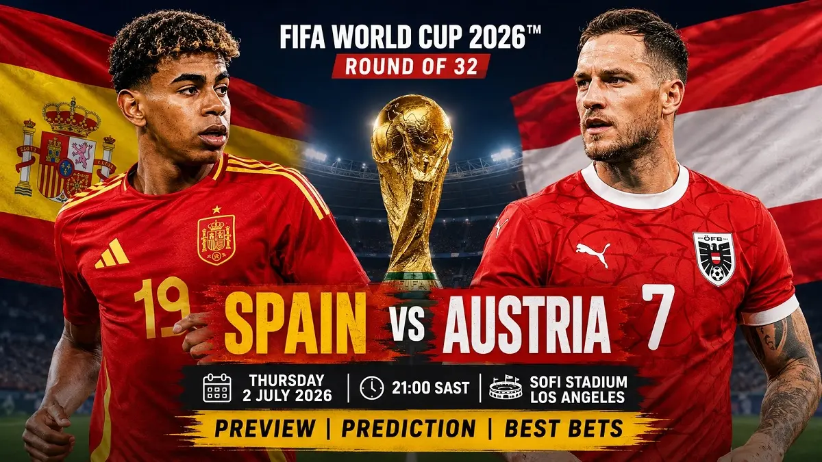 Timnas Spanyol dan Austria akan saling menjegal di Los Angeles Stadium, Los Angeles demi memperebutkan satu tiket ke babak 16 Besar Piala Dunia FIFA 2026, Jumat (3/7/2026) dini hari WIB. (Sumber: nobullbetting.co.za)