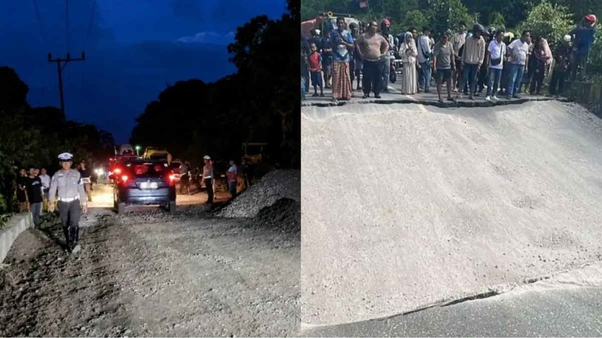 Kondisi box culvert saat ambruk dan setelah perbaikan sementara.(Facebook)