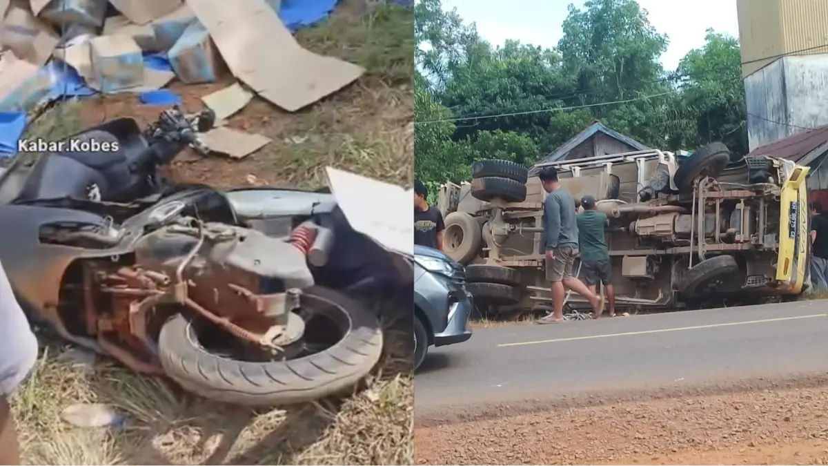 Kondisi truk dan sepeda motor kecelakaan di Desa Sungai Paring.(Facebook)