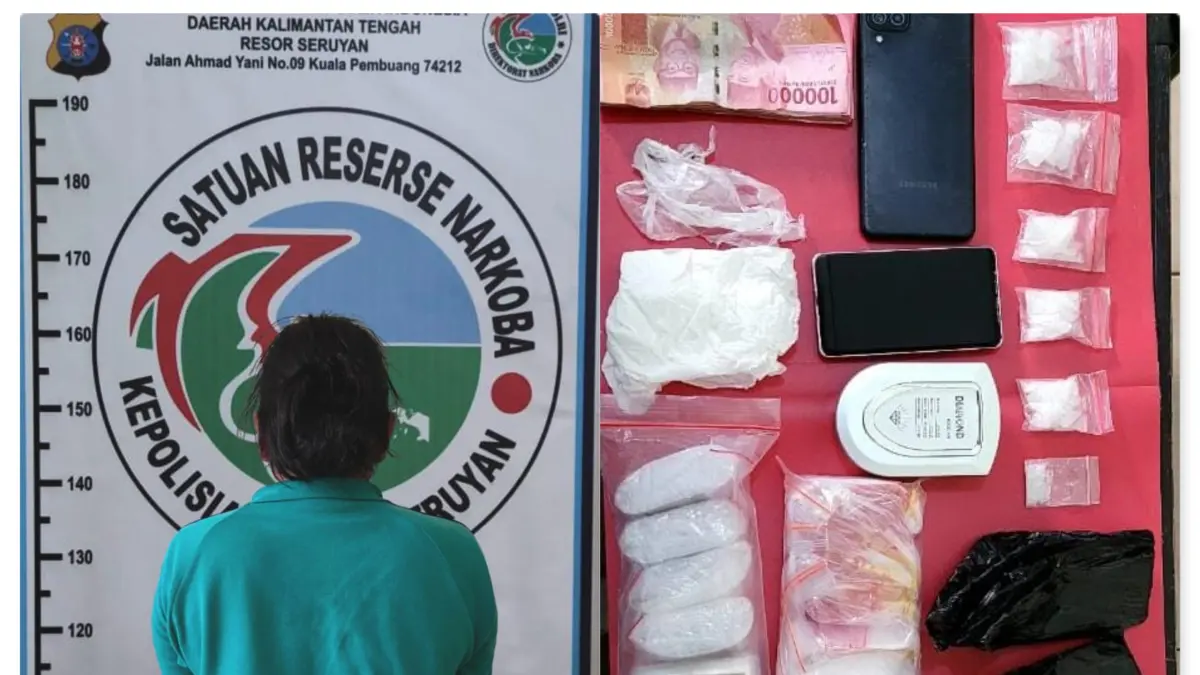 Pelaku dan barang bukti sabu yang diamankan Polres Seruyan.(Humas)
