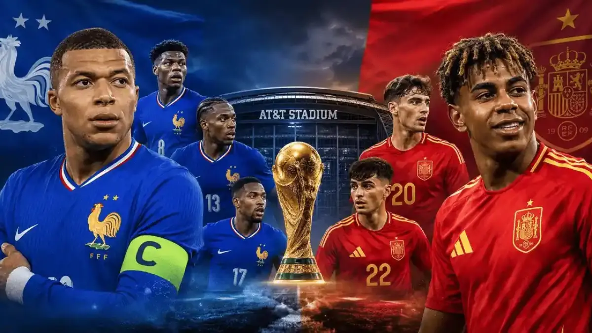 Timnas Prancis dan Spanyol akan saling menjegal di AT&T Stadium, Arlington demi memperebutkan satu tiket final Piala Dunia FIFA 2026, Rabu (15/7/2026) dini hari WIB. (Sumber: strikerreport.com) 