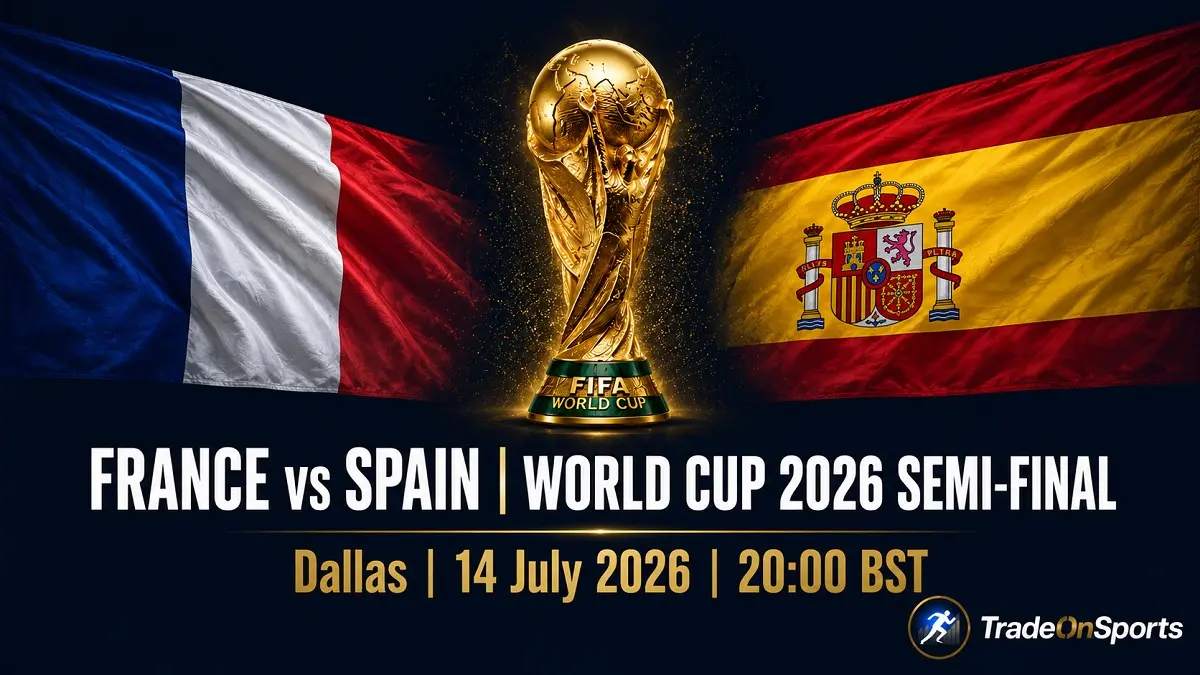 Timnas Prancis dijadwalkan menghadapi Spanyol di AT&T Stadium, Arlington pada babak semifinal Piala Dunia FIFA 2026, Rabu (15/7/2026) dini hari WIB. (Sumber: tradeonsports.co.uk) 