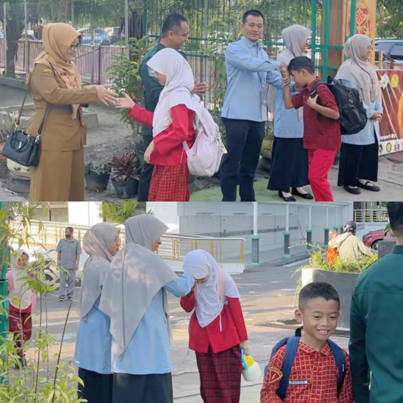 Ustaz dan ustazah SD Islam Darussalam menyambut kedatangan murid di gerbang sekolah. Ayu/kaltengpos.jawapos.com