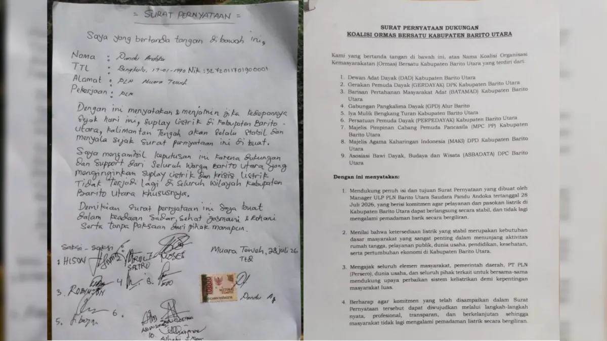 Surat pernyataan dari PLN Muara Teweh soal pemadaman bergilir.