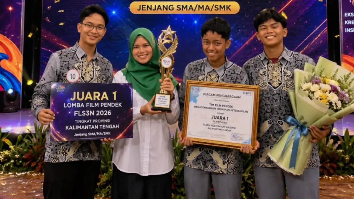 Tim film pendek dari MAN Kotim Plus Keterampilan saat menjadi Juara 1 FLS3N 2026 cabang Film Pendek jenjang SMA sederajat tingkat Provinsi Kalteng.(MAN Kotim)
