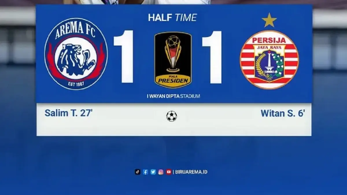 Pertandingan antara Persija Jakarta vs Arema FC untuk perebutan peringkat ketiga Piala Presiden 2026 berakhir imbang 1-1 pada paruh waktu pertama di Stadion Kapten I Wayan Dipta, Gianyar, Bali, Kamis (6/8/2026) sore WIB. (Sumber: Instagram @biru.aremaaa)