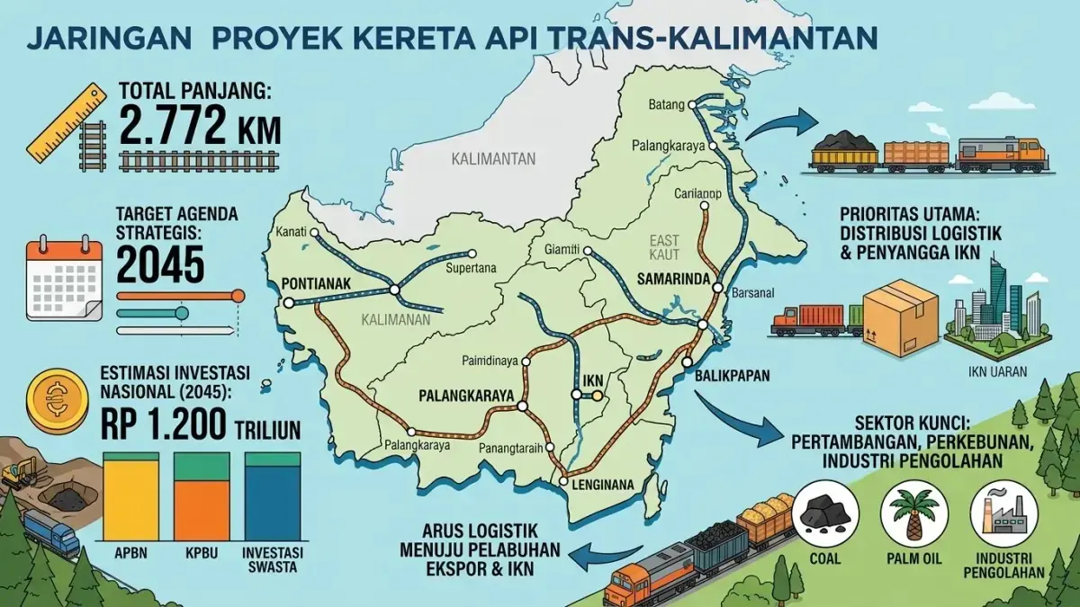 Peta jalur kereta api trans-Kalimantan yang akan menjadi urat nadi konektivitas di pulau tersebut. (Gemini AI)