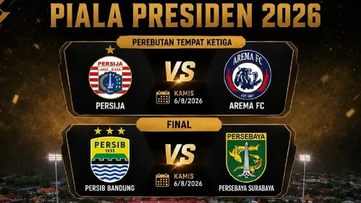 Piala Presiden 2026 kembali hadir pada hari ini, Kamis (6/8/2026) dengan menyajikan dua partai menarik. Persija Jakarta bertemu Arema FC untuk memperebutkan posisi ketiga, sedangkan Persib Bandung dan Persebaya Surabaya akan bertarung memperebutkan trofi juara. (Sumber: Instagram @footballvibesid_)
